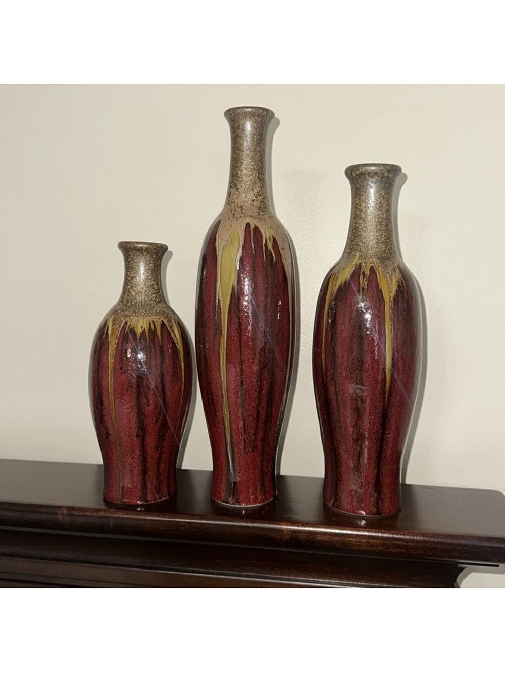 Decorative Vase Burgundy Gold Green Tan Black Streaky Painted set of 3 matching